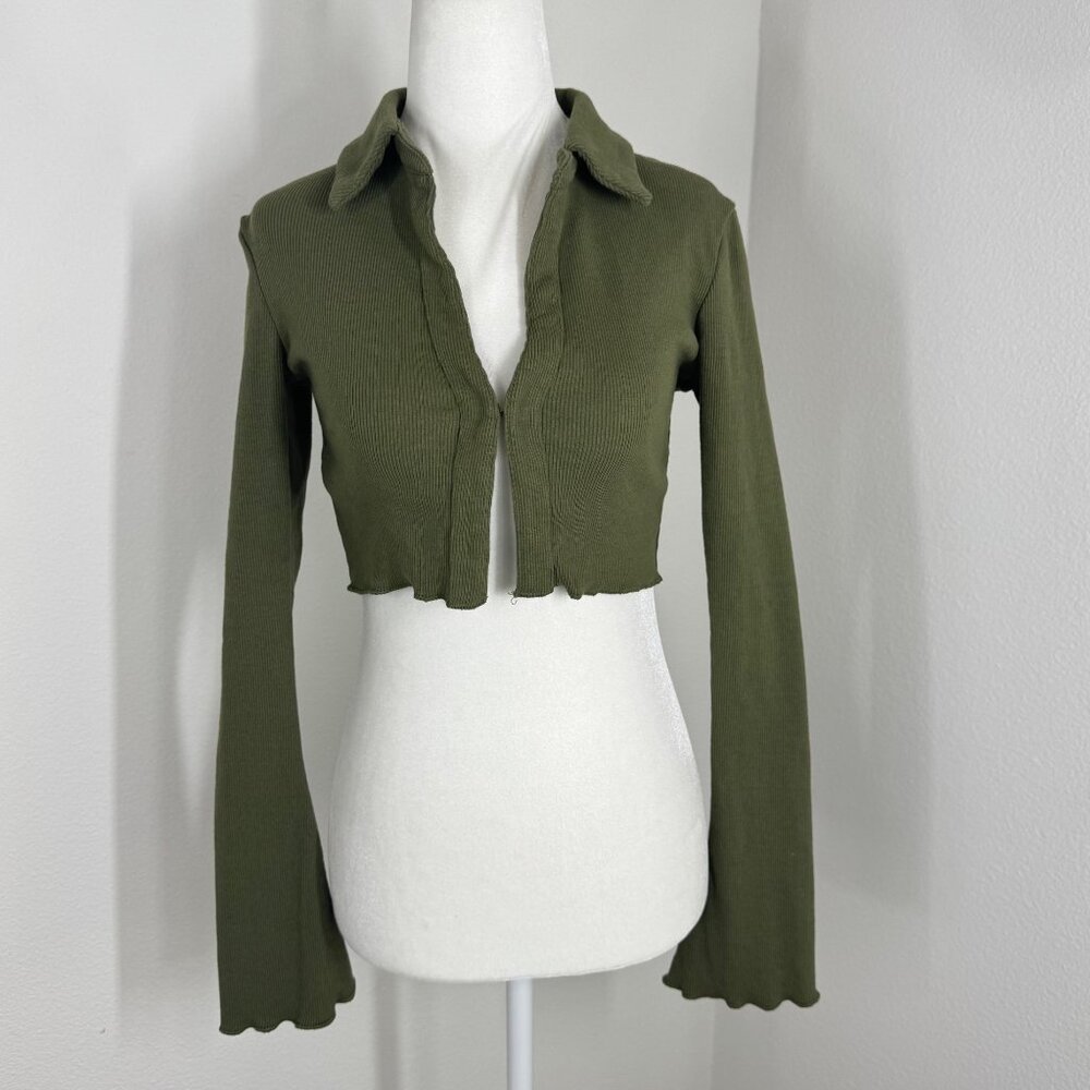 Mable Top Long Sleeve Open Front Ribbed Olive Green Cropped Size Small